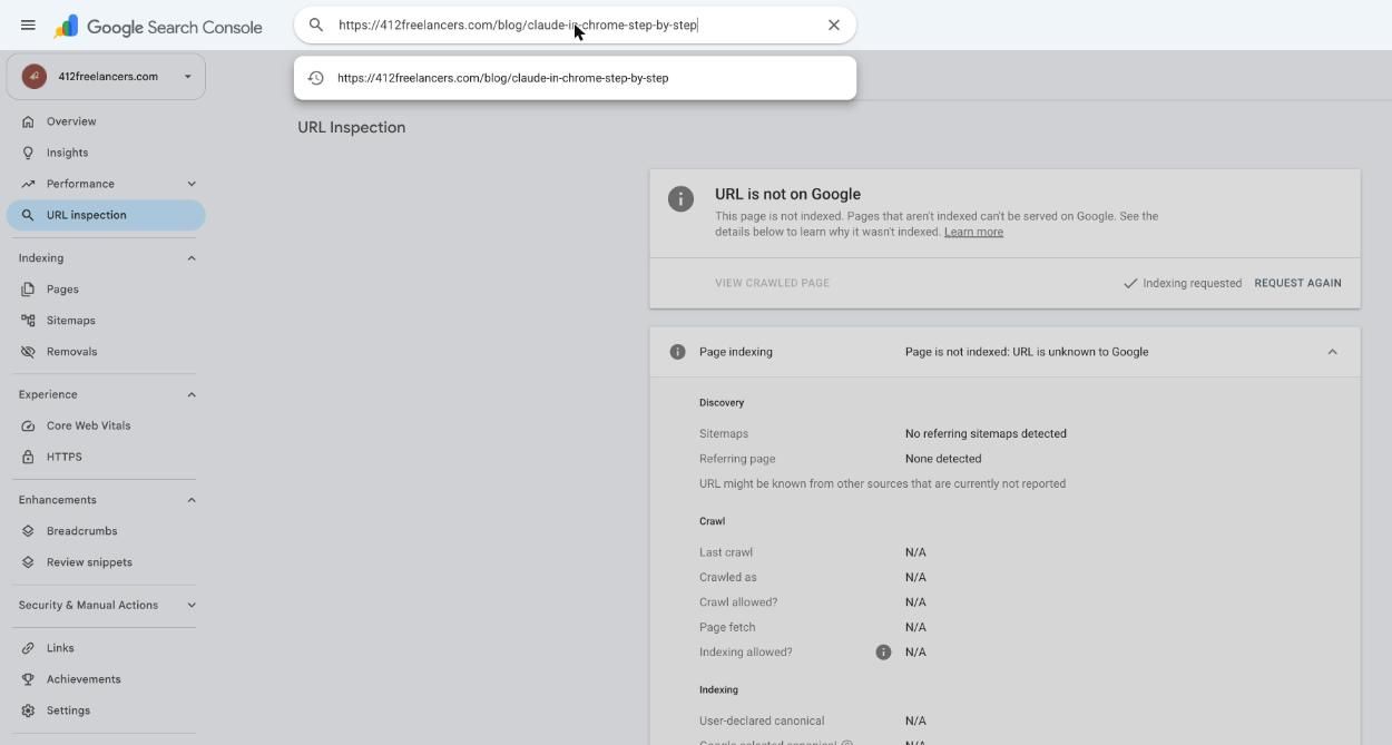 The new blog post URL typed into the URL inspection bar