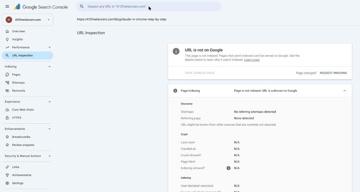 URL inspection result: URL is not on Google, with a Request Indexing button