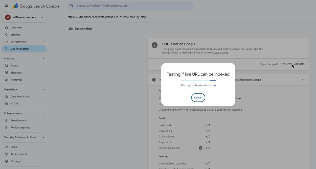 Dialog: Testing if live URL can be indexed