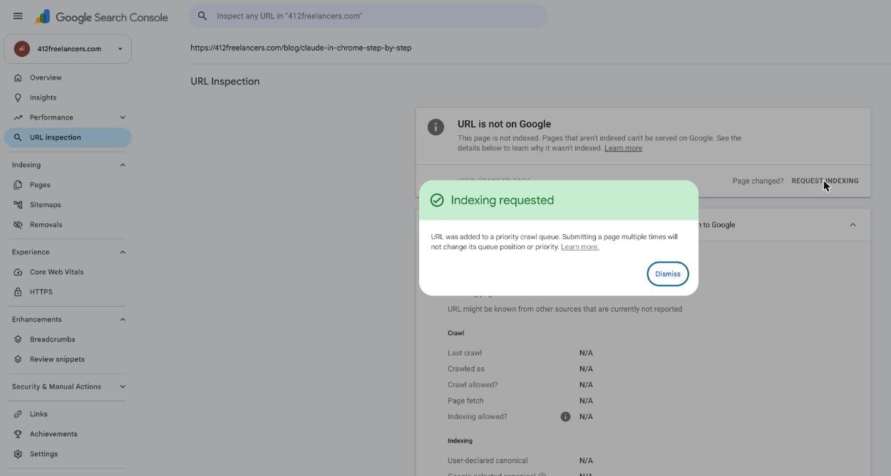 Confirmation dialog: Indexing requested, URL was added to a priority crawl queue